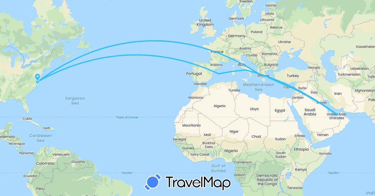 TravelMap itinerary: driving, boat in United Arab Emirates, Spain, Greece, Italy, Turkey, United States (Asia, Europe, North America)